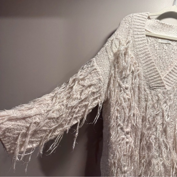 Anthropologie Fringed Pullover Knit Sweater Sequin Fringe in Ivory Large EUC - Picture 11 of 16